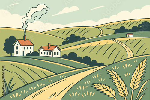 Idyllic Rural Landscape with Farmhouses and Wheat Fields.
