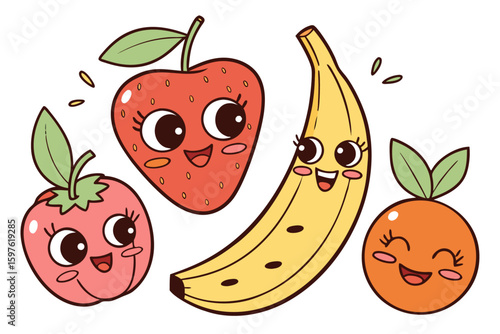 Cute Kawaii Fruits Characters Smiling Happily.