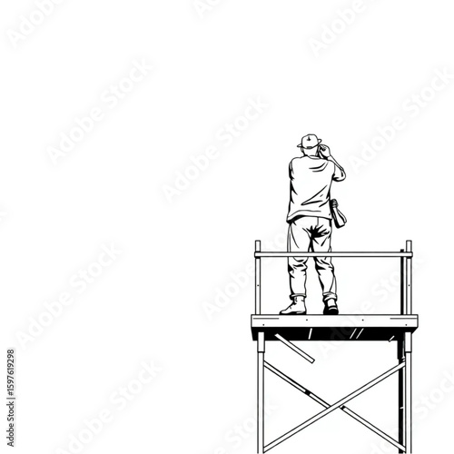 A mural artist retouching details high up on scaffolding