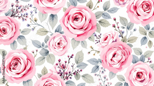 Watercolor background pattern Pink flowers Rose on white background