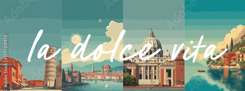 Italy vintage style travel poster set. Collection of scenic art deco retro tourism illustrations