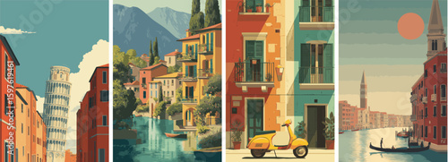 Italy vintage style travel poster set. Collection of scenic art deco retro tourism illustrations