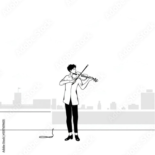 A violinist rehearsing on a rooftop beneath drifting clouds