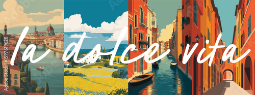 Italy vintage style travel poster set. Collection of scenic art deco retro tourism illustrations