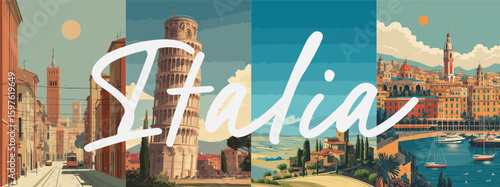 Italy vintage style travel poster set. Collection of scenic art deco retro tourism illustrations
