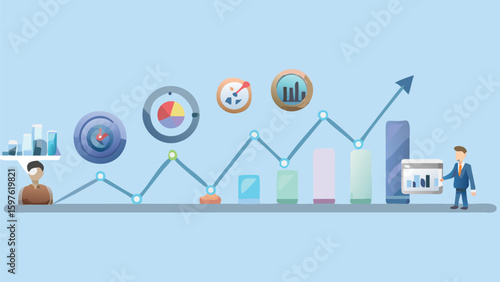 Illustration of business growth with data charts and graphs showing upward trends for success