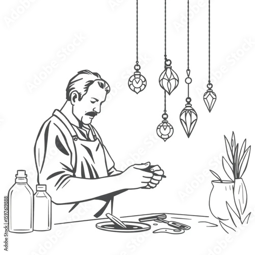 An artisan crafting stained glass pendants in the afternoon light
