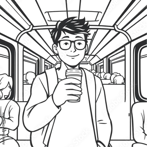 A commuter clutching a travel mug in a bustling train car
