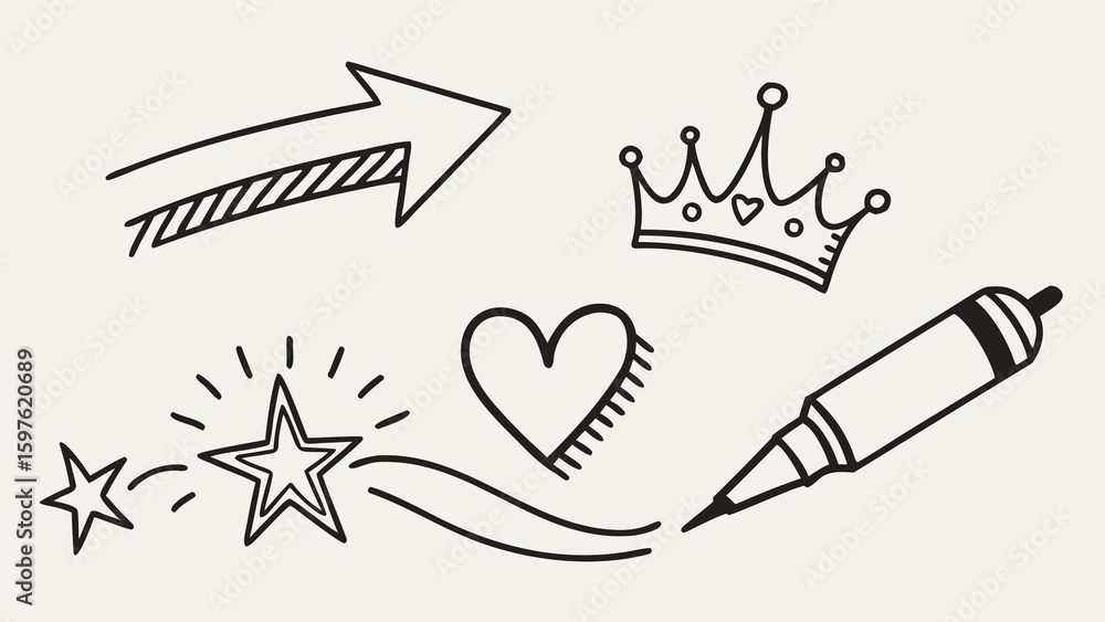 Fototapeta premium A collection of playful doodles featuring a crown, heart, star elements, and an arrow, perfect for creative projects.
