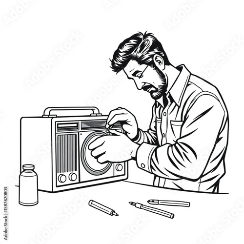 A man repairing a vintage radio with careful tools