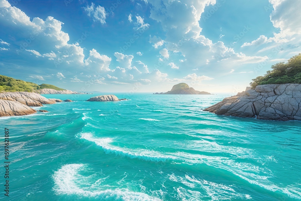 Fototapeta premium Inspiring Cerulean Waterfront Scenery with Almond Waves and Summer Sky