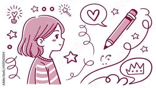A young girl with short brown hair, fascinated by creativity, surrounded by whimsical doodles.