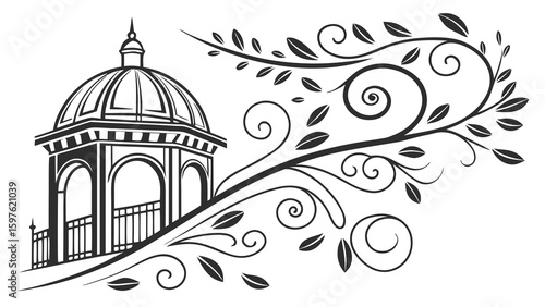 Stylized illustration of a vintage gazebo surrounded by elegant floral designs.