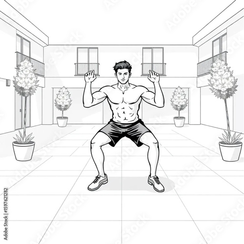 A personal trainer demonstrating squats in an open courtyard