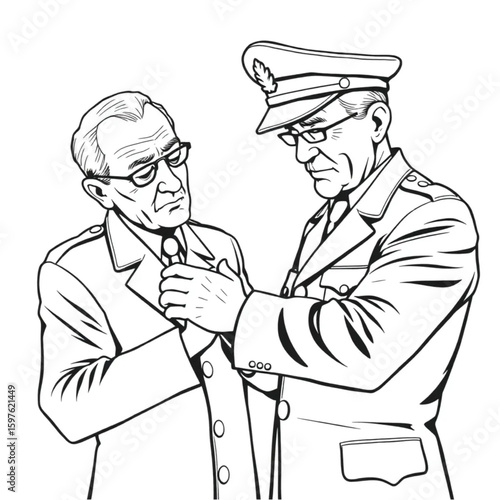 An elderly man polishing brass buttons on a uniform