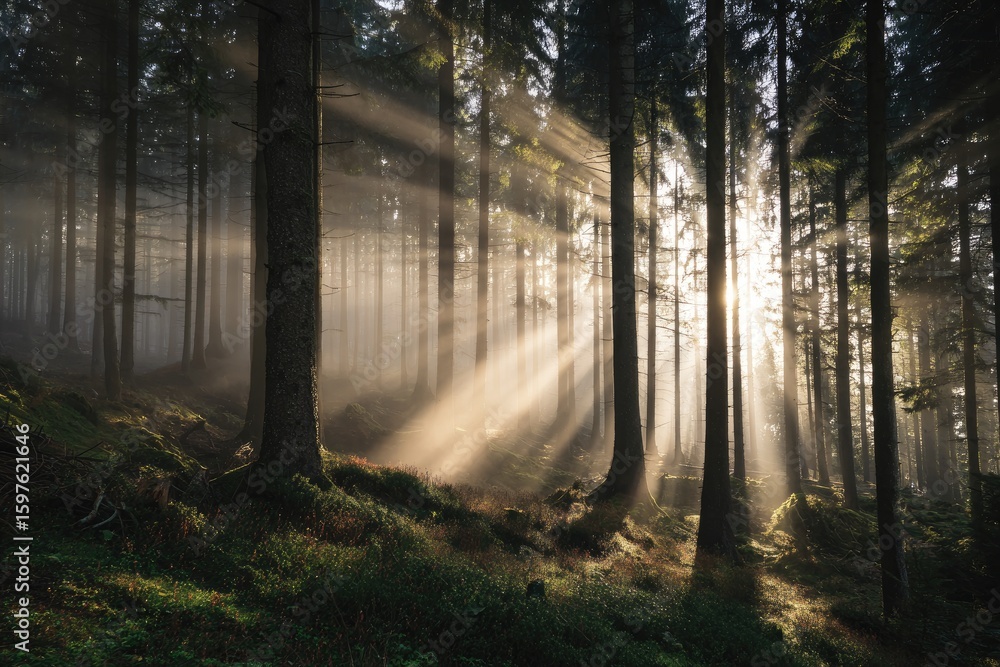 Obraz premium Sunlight streams through a misty forest (3)