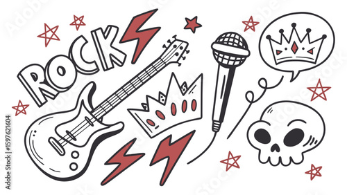 An edgy collection of rock music icons featuring an electric guitar, microphone, crowns, and a skull design.
