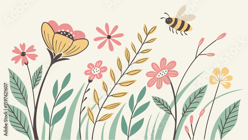 A cheerful illustration of colorful flowers and a buzzing bee, capturing the essence of springtime beauty.