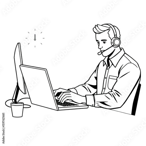 A tech support worker troubleshooting a laptop at a call center