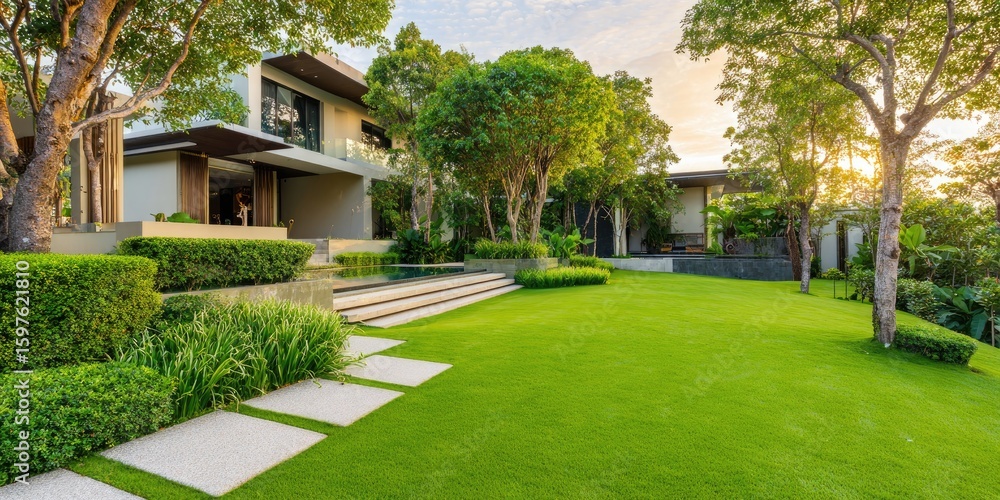 Fototapeta premium Modern home with lush landscaping
