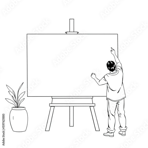 A painter stretching a blank canvas before starting an abstract work
