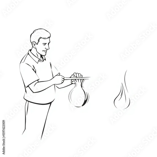 A glassblower shaping molten glass into a vase by the furnace