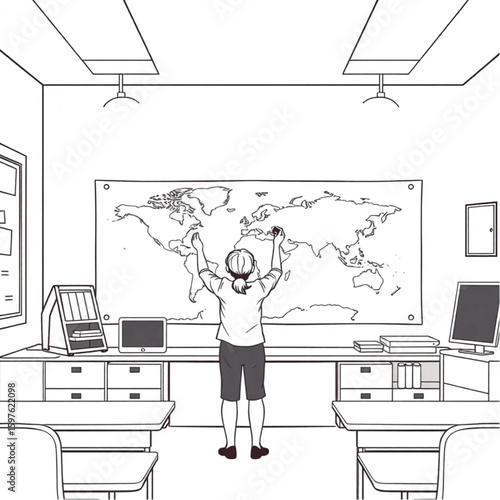 A teacher pinning world maps in a brightly lit classroom