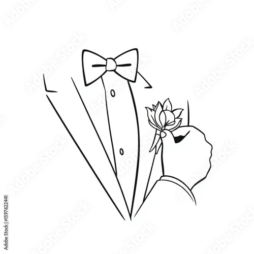 A wedding guest pinning a boutonnière before the ceremony