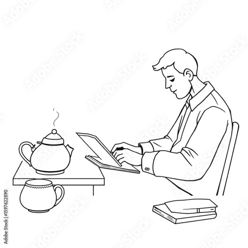 A novelist typing a draft beside a pot of tea