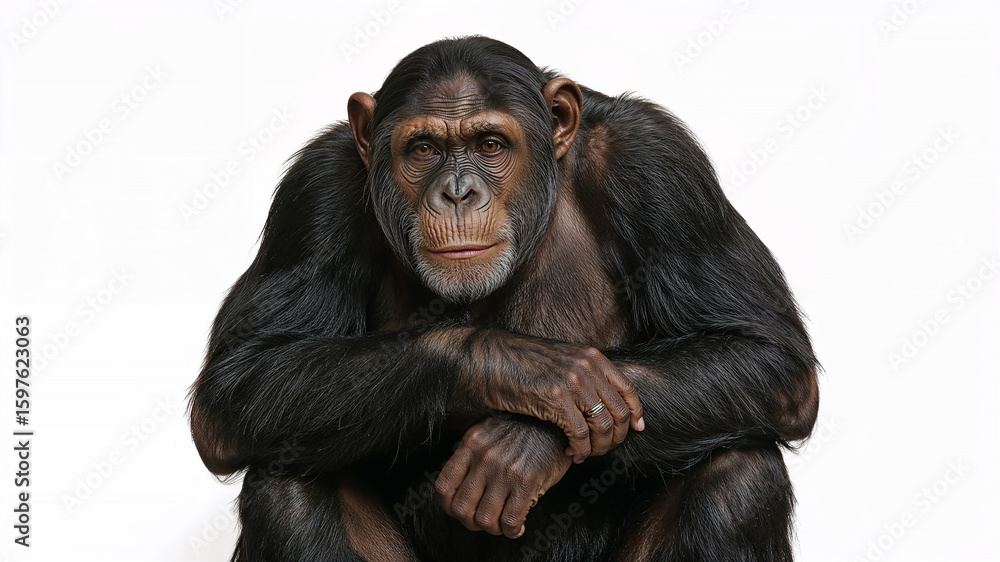 Fototapeta premium Chimpanzee posing on white background with arms crossed