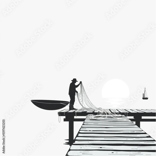 A fisherman untangling nets on a wooden pier at dawn