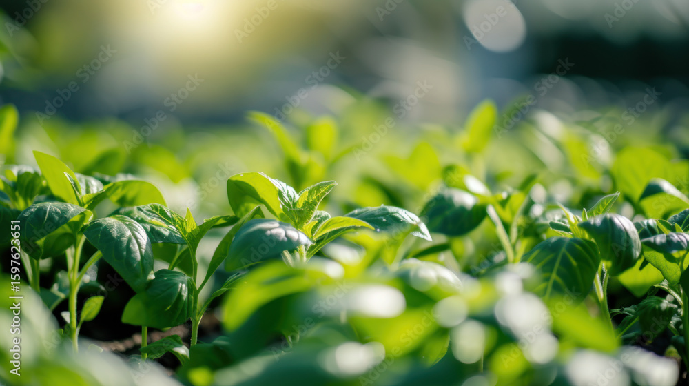 Obraz premium Lush green sprouts emerging, bathed in soft sunlight, symbolizing growth and new beginnings.