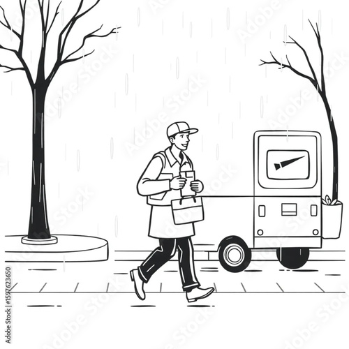 A mail carrier delivering parcels on a rain-speckled street