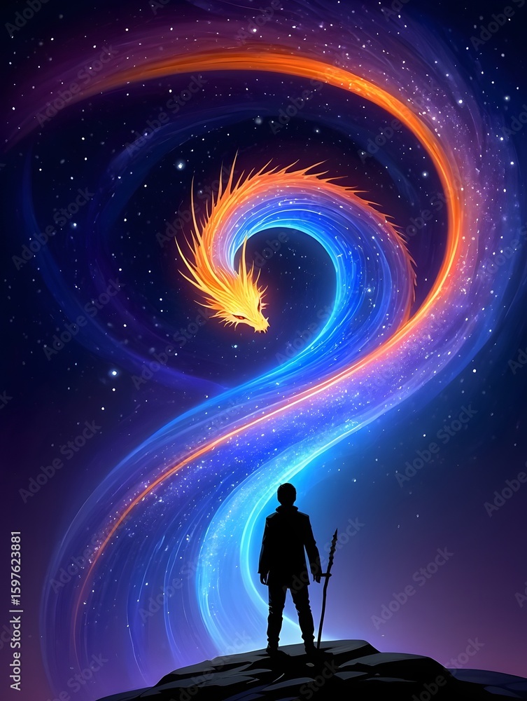 Fototapeta premium Fantasy dragon in space art print, celestial dragon artwork, cosmic dragon poster design