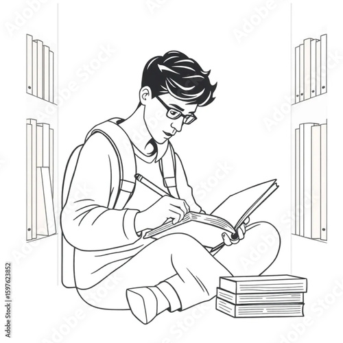 A college student annotating textbooks in a quiet library alcove