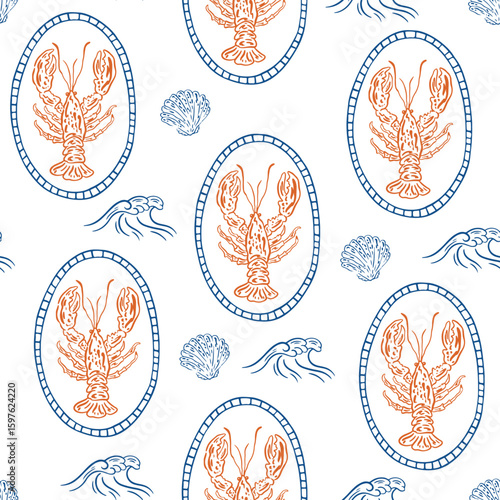 Hand drawn lobster seamless pattern. Summer Italy vacation mood. Mediterranean wallpaper, cute coastal print, wrap paper, retro fabric, textile design. Vector illustration 