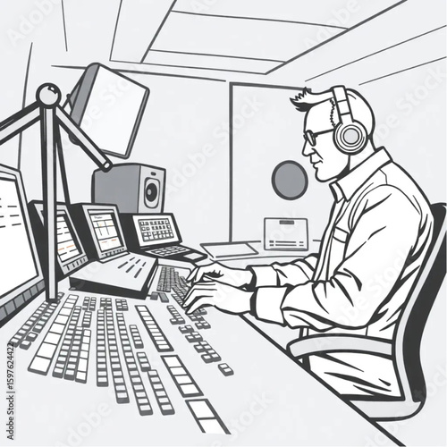 A sound engineer adjusting sliders in a busy radio booth