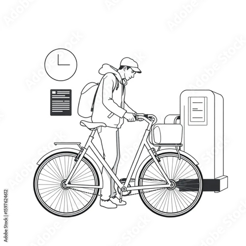 A commuter unlocking a city bike at a rental station