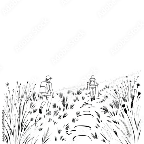 A couple hiking along a wildflower trail in late spring