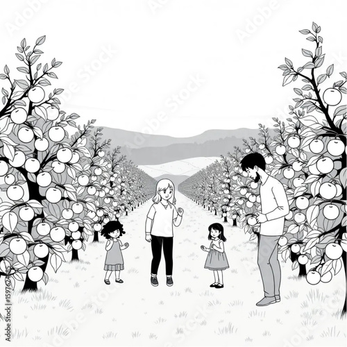A family picking apples in an orchard under crisp autumn sky