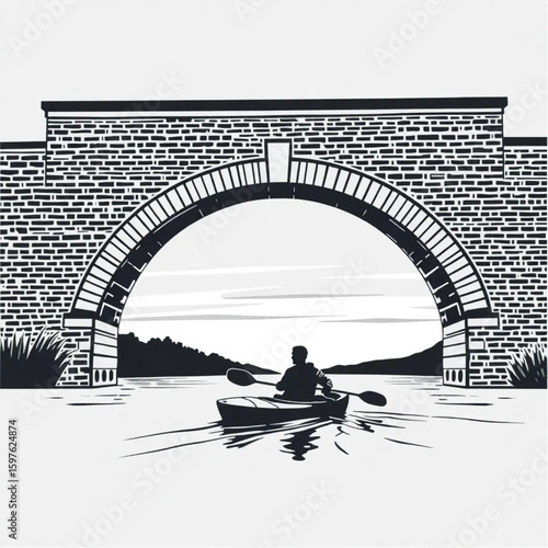 A kayaker gliding under an arched brick bridge at dusk