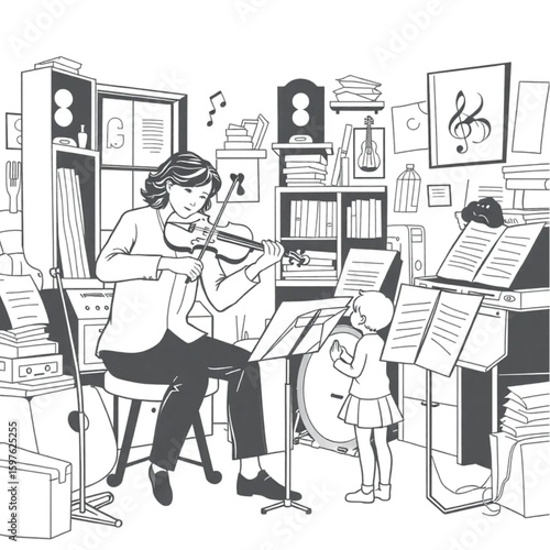 A violinist teaching scales to a child in a cluttered music room