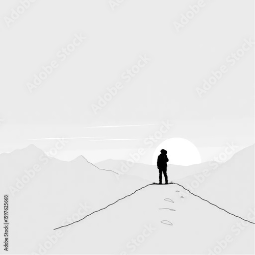 A solo backpacker pausing on a remote mountain pass at sunrise