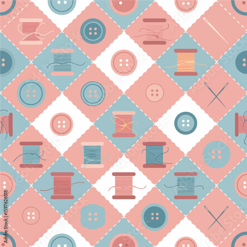 A charming seamless pattern showcasing spools of thread and various buttons arranged on a grid of stitched squares in pastel pink and blue hues.