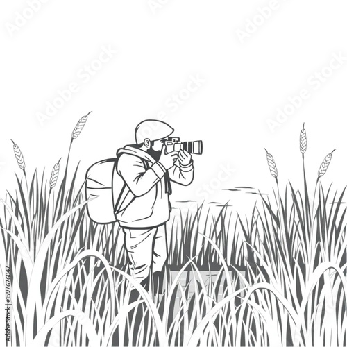 A wildlife photographer camouflaged among reeds by a pond