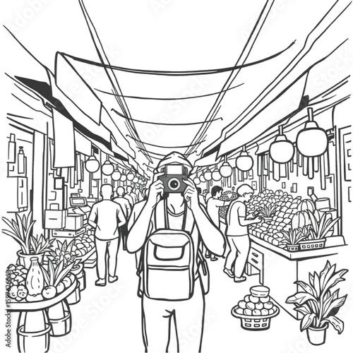A travel vlogger recording a bustling street market in Southeast Asia