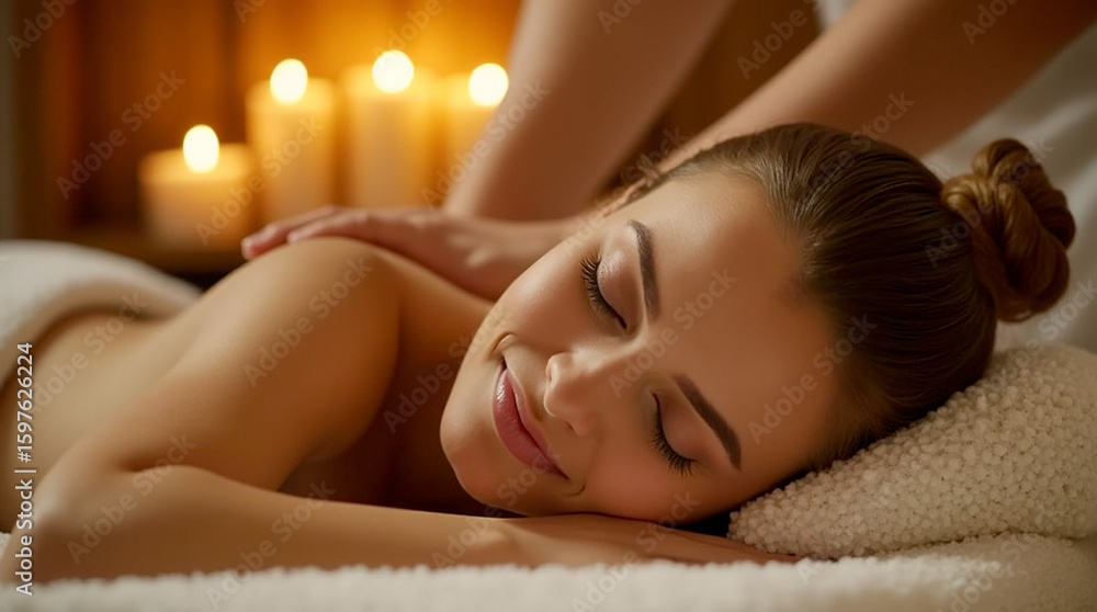 Obraz premium Young woman enjoying a relaxing back massage in a luxury spa.