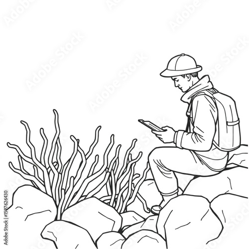 A marine biologist cataloging kelp along the rocky coast