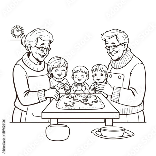 Grandparents baking gingerbread cookies with grandchildren