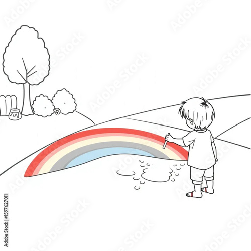 A child painting a rainbow on the driveway after rain